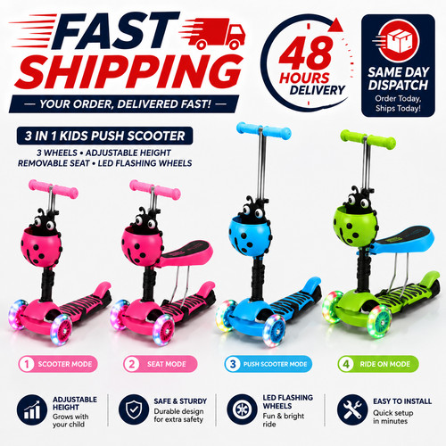 Kids push scooter with - in,